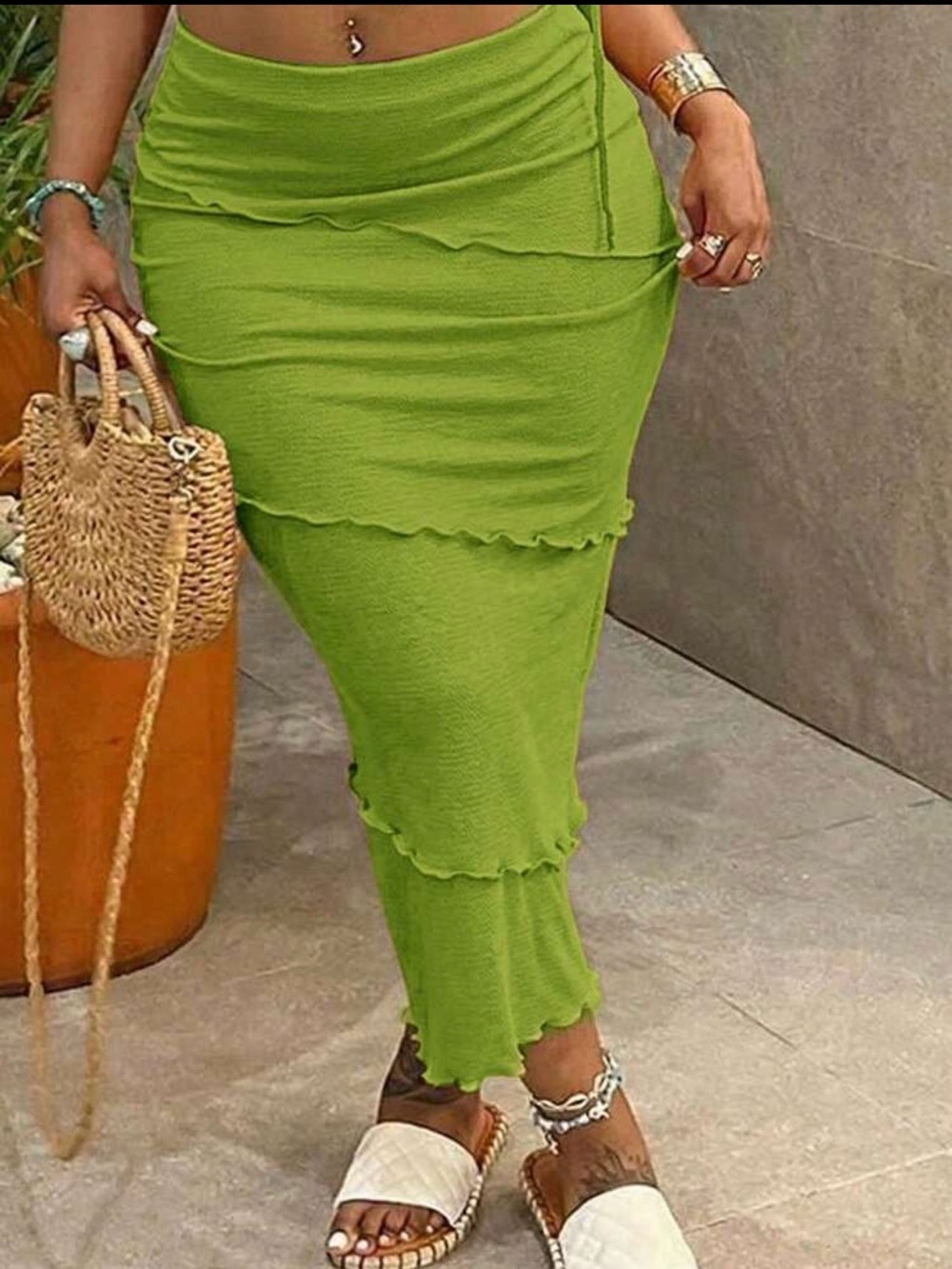 Women's Lime Green Layered Ribbed Midi Skirt